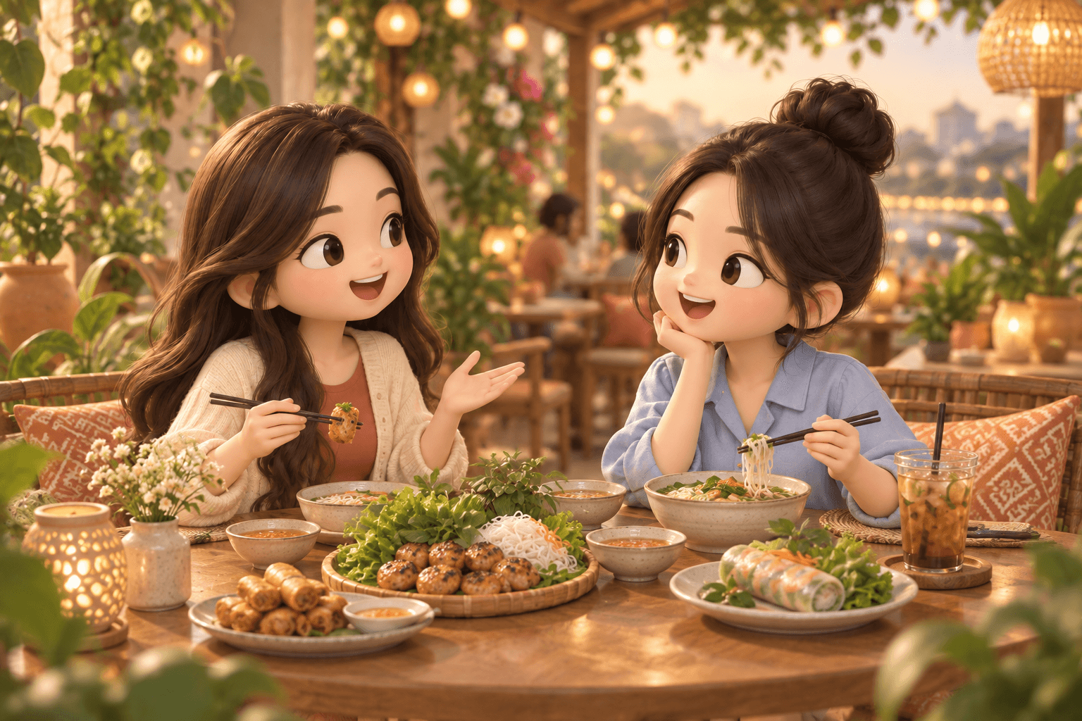 Hai người bạn vui vẻ trò chuyện bên bàn ăn trong quán ấm cúng